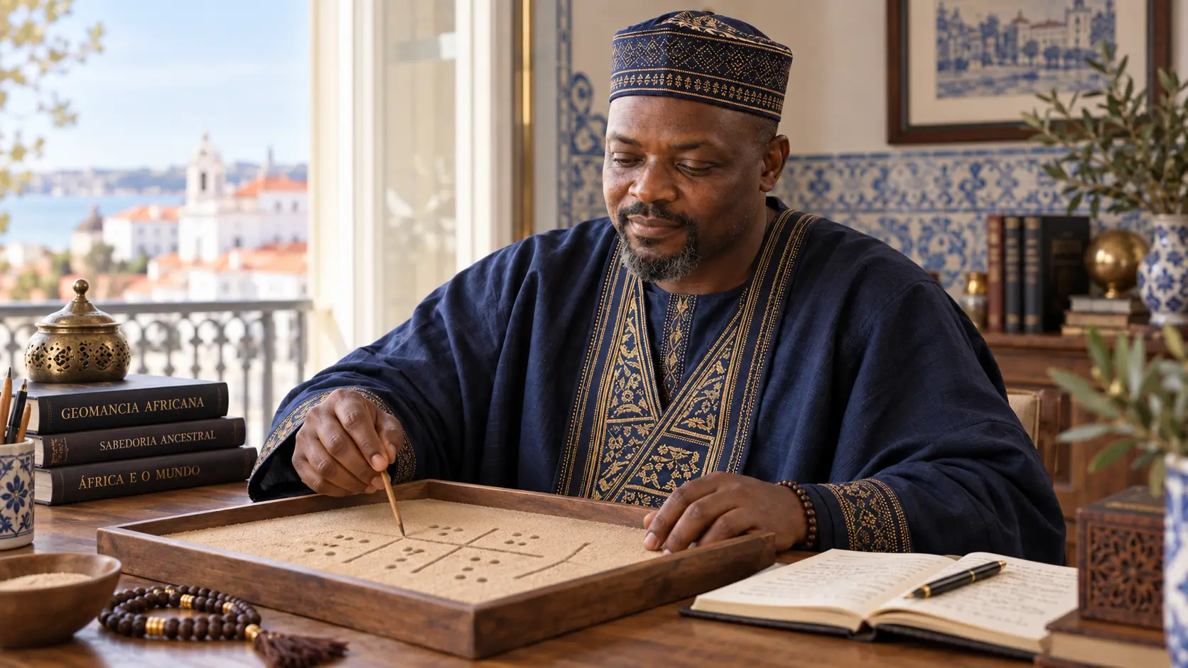 Vidente Gassama durante uma análise de geomancia africana